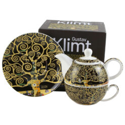 Set ceainic cu ceasca, farfurioara si infuzor metalic 350 ml/300 ml, "Tree of Life" de Gustav Klimt, in cutie decorativa, maro