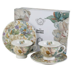 Set 2 cesti espresso cu farfurii din portelan 100 ml "Peony White", in cutie decorativa