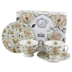 Set 2 cesti cu farfurii, din portelan 100 ml "English Roses White", in cutie decorativa