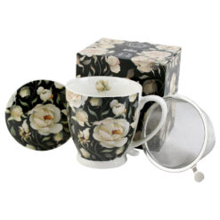 Cana portelan cu infuzor metalic si capac 510 ml, "English Roses Black" in cutie decorativa