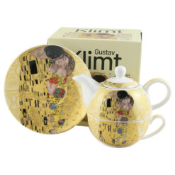 Set ceainic cu ceasca, farfurioara si infuzor metalic 350 ml/300 ml, "The Kiss" de Gustav Klimt, ecru, in cutie decorativa, maro