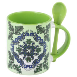 Cana ceramica cu lingurita, 330 ml, Verde, motive traditionale Corund