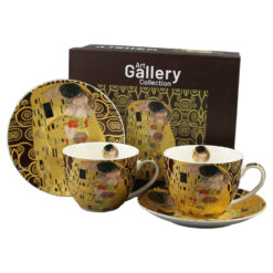 Set 2 cesti cu farfurii din portelan 250 ml "The Kiss" de Gustav Klimt, in cutie decorativa, maro