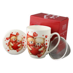 Cana portelan cu infuzor metalic si capac, 360 ml, Ursuleti cu inima, cu cutie cadou