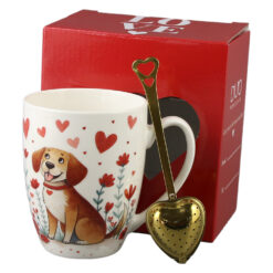 Cana portelan cu infuzor metalic inima, 360 ml, Catel cu inimioare, cu cutie cadou