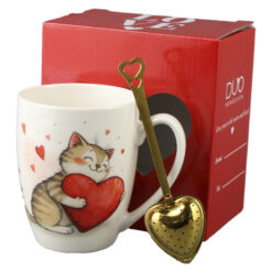 Cana portelan cu infuzor metalic inima, 360 ml, Pisica cu inima, cu cutie cadou