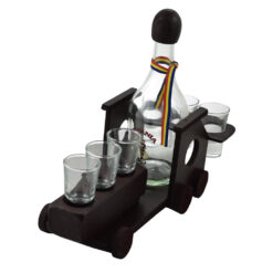 Suport lemn cu sticla si pahare de tuica in forma de locomotiva