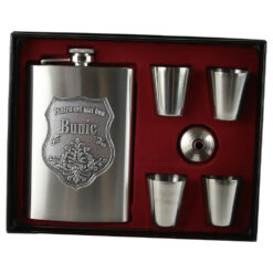 Set plosca cu palnie si 4 pahare din inox, "Pentru cel mai bun Bunic", in cutie eleganta