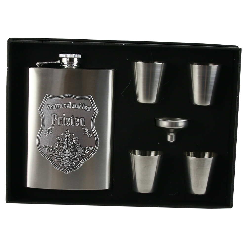 Set plosca cu palnie si 4 pahare din inox, "Pentru cel mai bun Prieten", in cutie eleganta