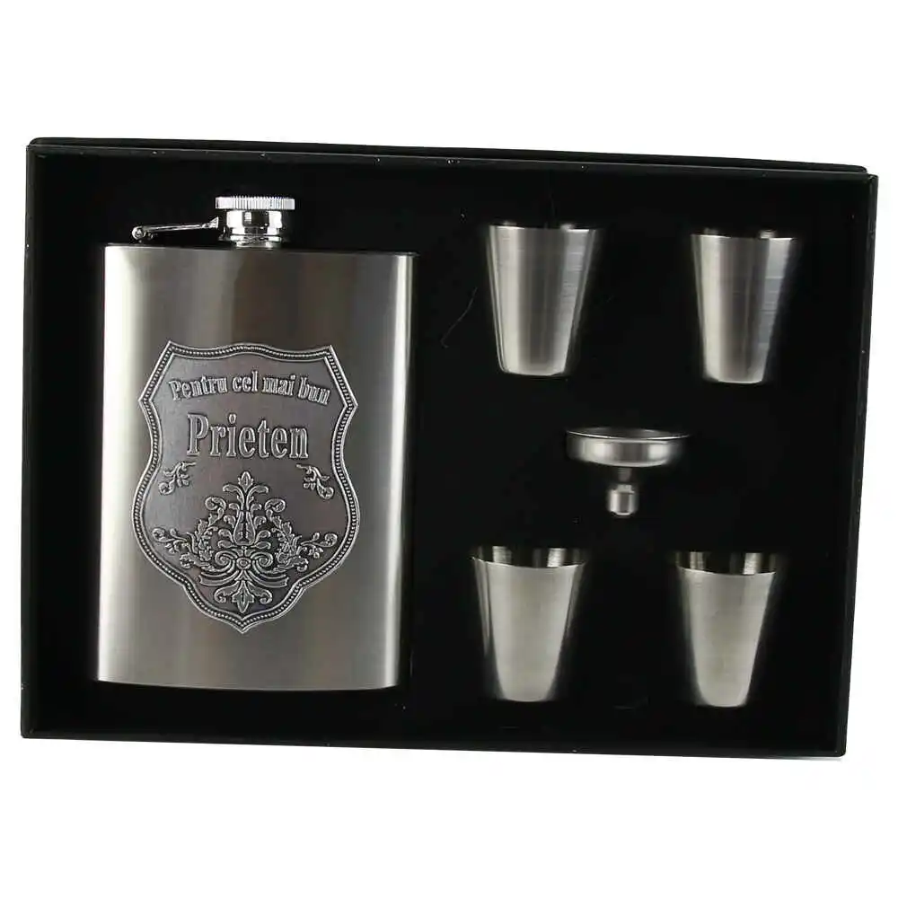 Set plosca cu palnie si 4 pahare din inox, "Pentru cel mai bun Prieten", in cutie eleganta