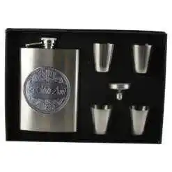 Set plosca cu palnie si 4 pahare din inox, "La multi Ani!", in cutie eleganta