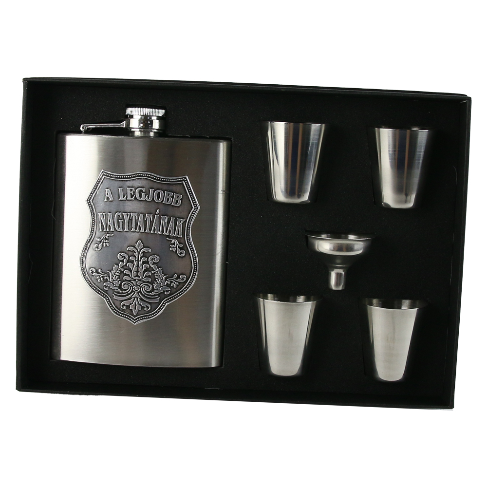 Set plosca cu palnie si 4 pahare din inox, "A legjobb Nagytatanak", in cutie eleganta