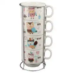 Set 4 cesti din ceramica cu suport metalic, 150 ml, Bufnite