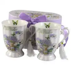 Set 2 cani din ceramica, "Beautiful Lavender", 300 ml, cu franjuri, in cutie cadou, Casuta