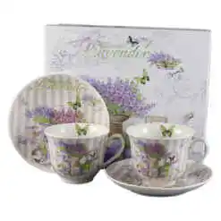 Set 2 cesti din ceramica cu farfurii, "Beautiful Lavender", 150 ml, in cutie cadou