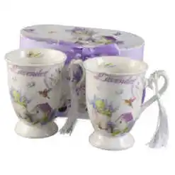 Set 2 cani din ceramica, "Lavender", 300 ml, cu franjuri, in cutie cadou, Casuta