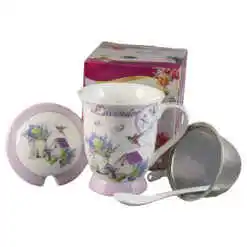 Cana ceramica cu infuzor, capac si lingurita, 300 ml, "Lavender", in cutie cadou, Casuta