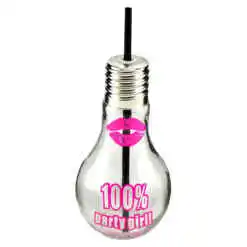 Sticla cu pai, forma bec "100% PartyGirl!", 8x22 CM