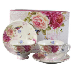 Set 2 cesti din ceramica cu farfurii, "Beautiful Flowers", 150 ml, in cutie cadou