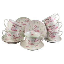 Set 6 cesti ceramica cu farfurioare 220 ml, Flamingo, cu cutie decorativa