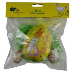 Set 3 oua decorate pentru Pasti cu iarba realizata din sisal - Design cu iepure si flori