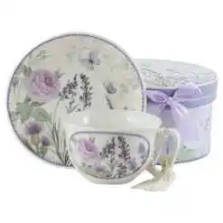 Ceasca cu farfurie din ceramica in cutie decorativa - Lavanda, 200 ml