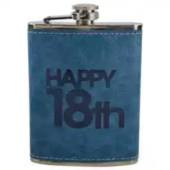 Plosca realizata din metal invelit in piele - Design aniversare "Hapyy 18th"