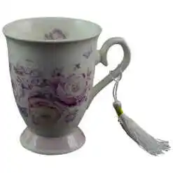 Cana realizata din ceramica in cutie cadou - Design cu trandafiri mov