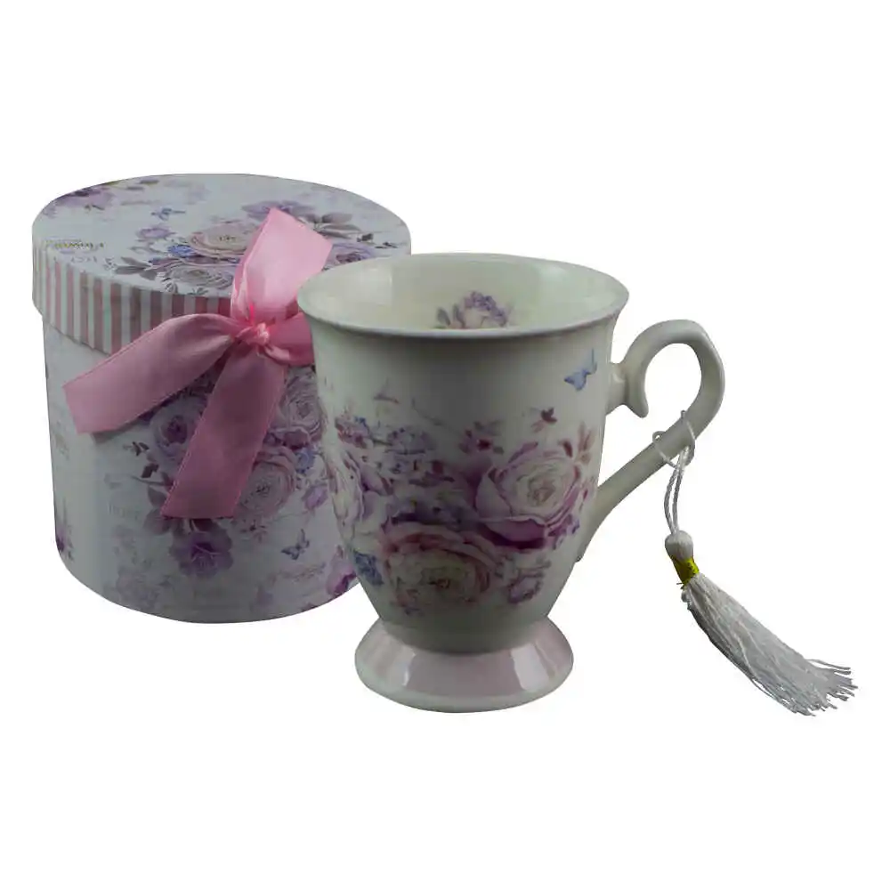 Cana realizata din ceramica in cutie cadou - Design cu trandafiri mov - imagine 2