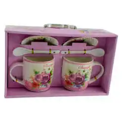 Set cana cu farfurie si lingura realizate din ceramica in cutie - Design cu trandafiri - Diverse modele