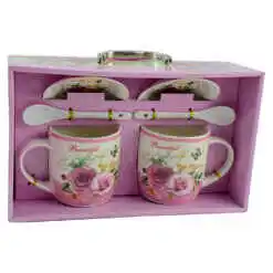 Alternative view of Set cana cu farfurie si lingura realizate din ceramica in cutie - Design cu trandafiri - Diverse modele