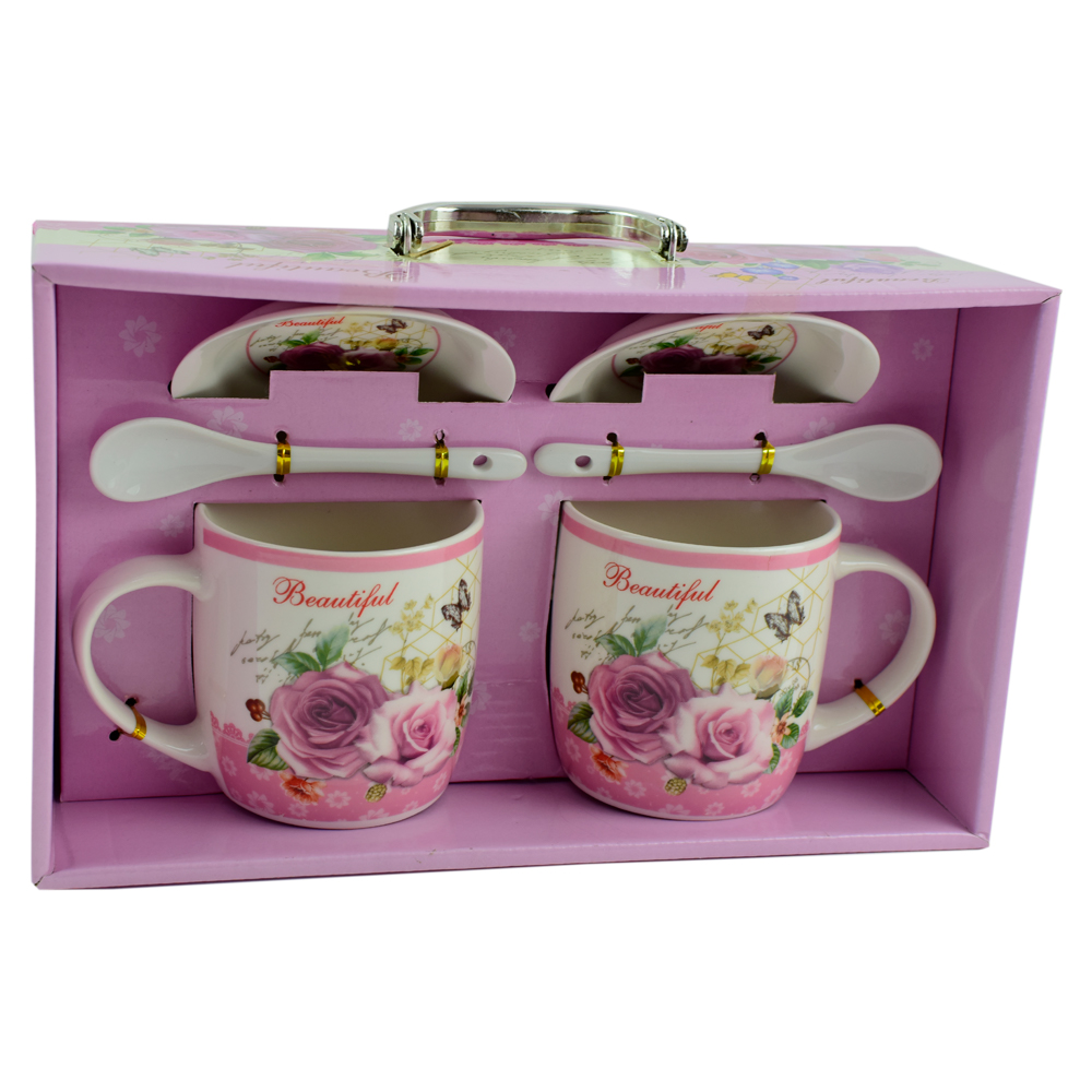 Set cana cu farfurie si lingura realizate din ceramica in cutie - Design cu trandafiri - Diverse modele - imagine 2