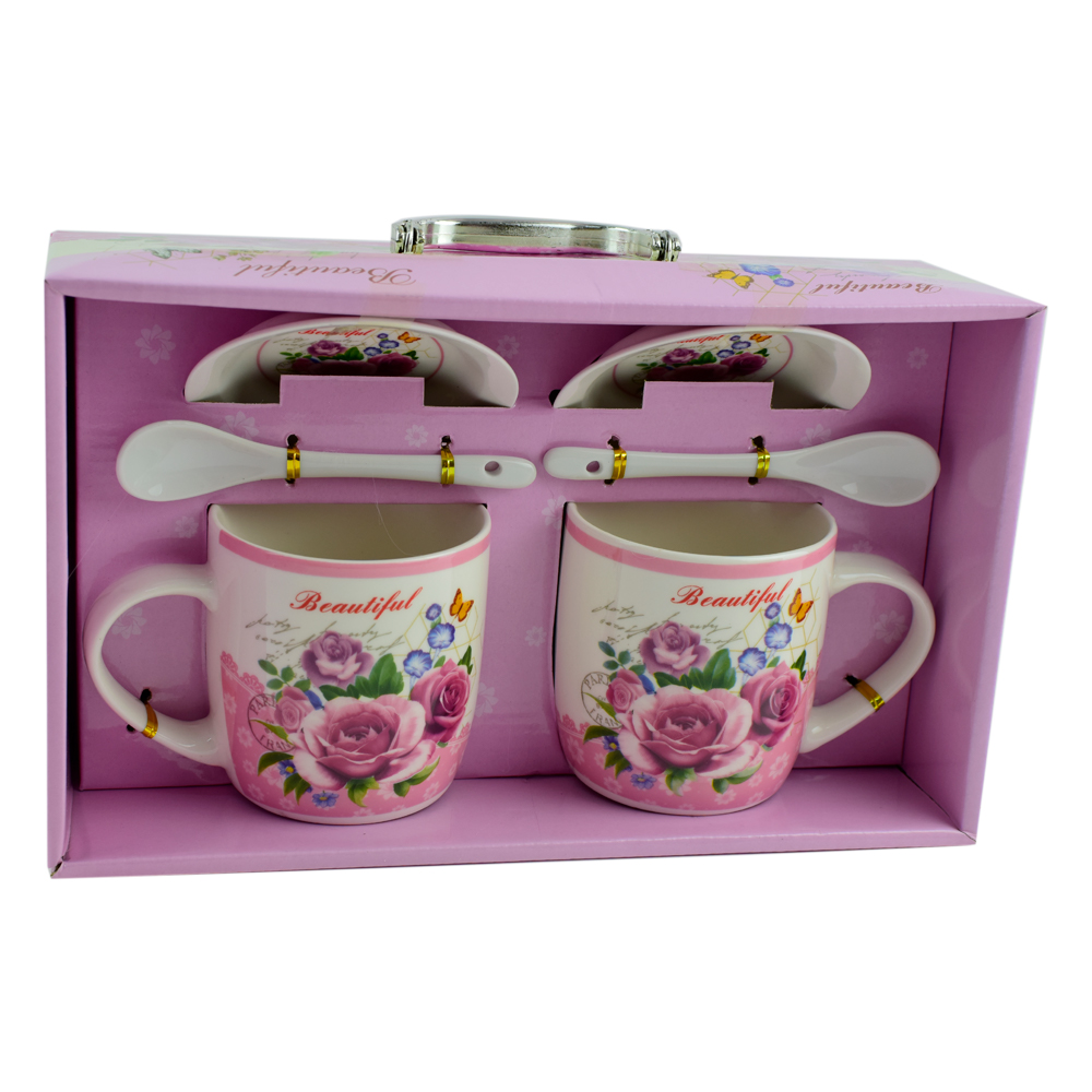 Set cana cu farfurie si lingura realizate din ceramica in cutie - Design cu trandafiri - Diverse modele - imagine 3