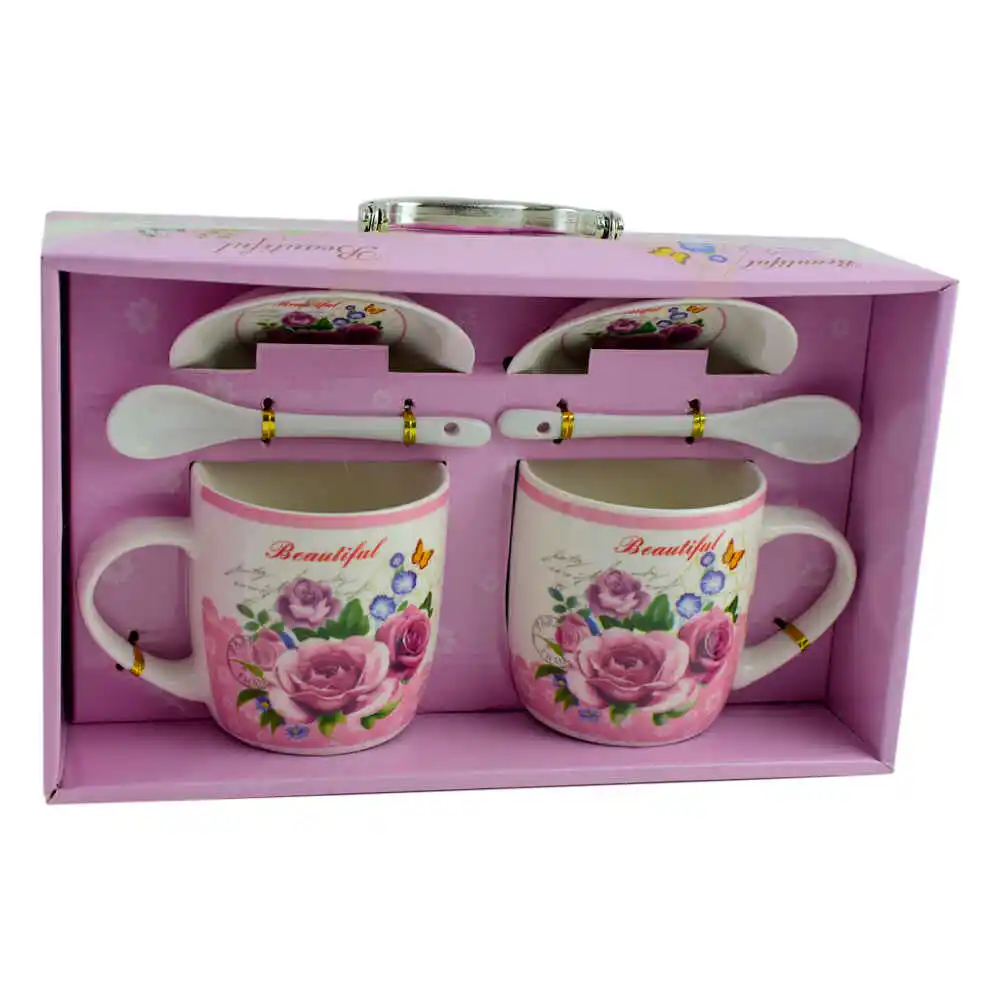 Set cana cu farfurie si lingura realizate din ceramica in cutie - Design cu trandafiri - Diverse modele - imagine 3