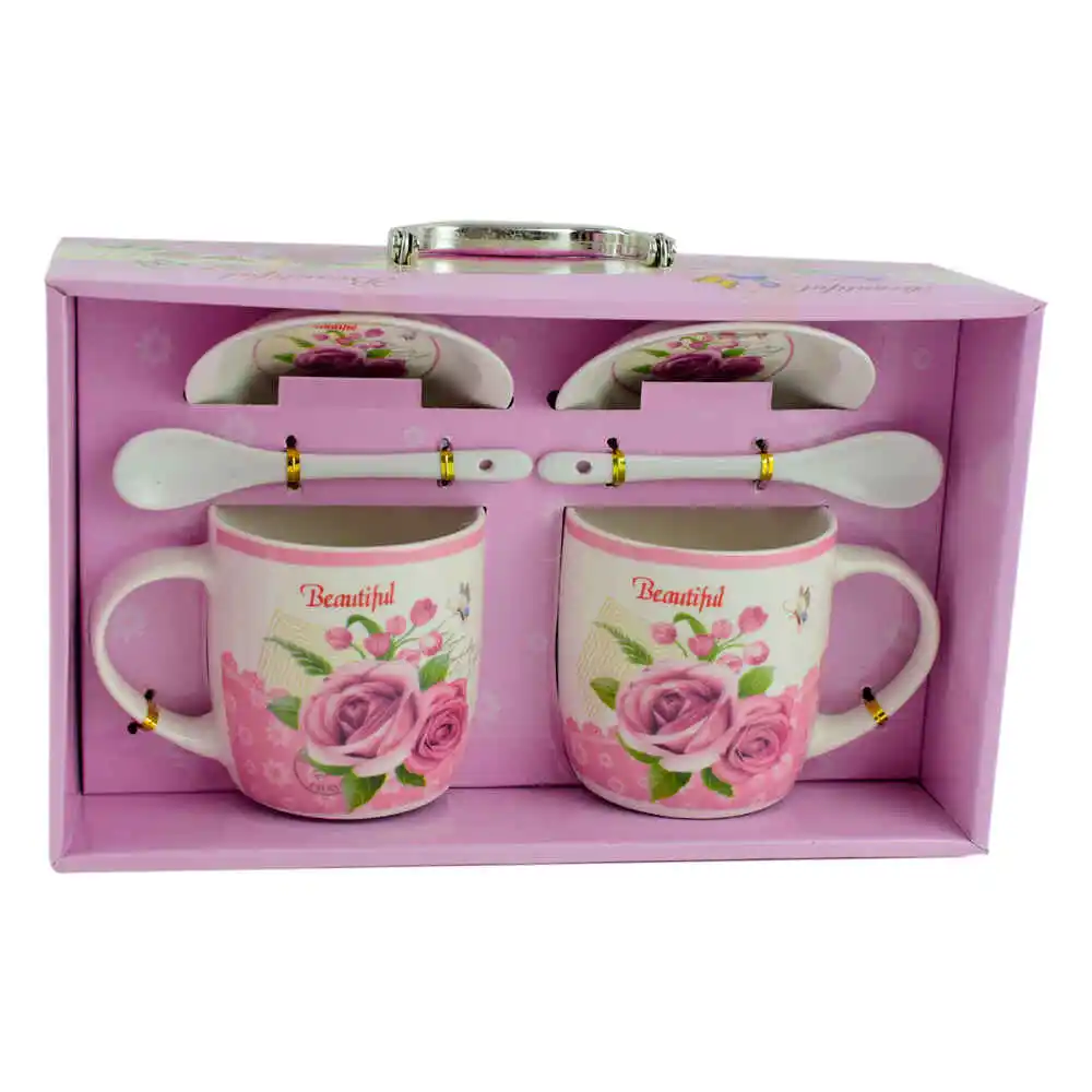 Set cana cu farfurie si lingura realizate din ceramica in cutie - Design cu trandafiri - Diverse modele - imagine 4
