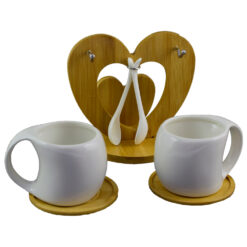 Set 2 cani cu lingurite realizate din portelan pe un suport de bambus