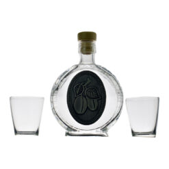 Set plosca cu doua pahare - Design cu eticheta metalica decorata cu prune