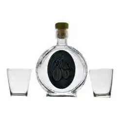 Set plosca cu doua pahare - Design cu eticheta metalica decorata cu prune