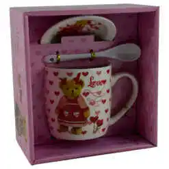 Cana cu lingurita si farfurie realizate din ceramica - Design cu ursulet si inimioare - Diverse modele