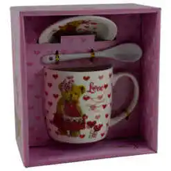 Alternative view of Cana cu lingurita si farfurie realizate din ceramica - Design cu ursulet si inimioare - Diverse modele