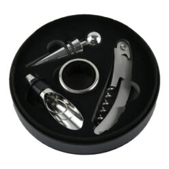 Set 4 accesorii vin in cutie, tirbuson, dop, antipicurator, inel din metal