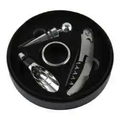 Set 4 accesorii vin in cutie, tirbuson, dop, antipicurator, inel din metal