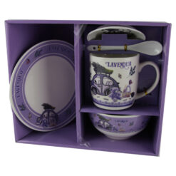 Set Servire Masa Copii, Farfurie/Bol/Cana 5 piese ? Lavanda ursulet cu masina