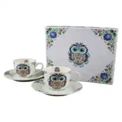 Set 2 cani expresso cu farfurii 110 ml, "Etno Bufnita"