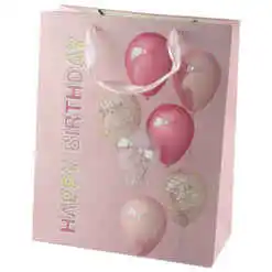 Punga cadou din hartie 26x32 CM - ?Happy Birthday? cu baloane roz