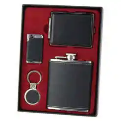 Set cadou pentru barbati, 4 piese - Plosca, tabachiera, bricheta, breloc