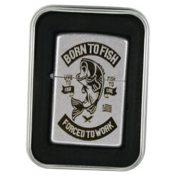 Bricheta metalica "Born to Fish..." 3.5x5.5 CM, Argintiu