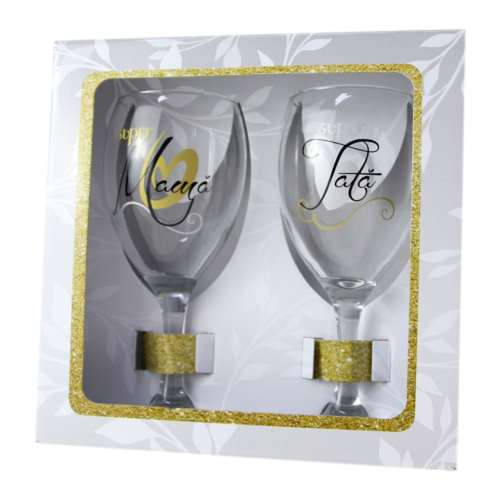 Set 2 pahare vin "Super Mama/Super Tata", 220 ml, in cutie eleganta