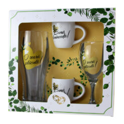 Set Wedding "Buna dimineata!/O seara placuta!" - halba bere, pahar vin, 2 cesti cafea