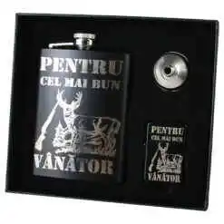 Set cadou "Pentru cel mai bun Vanator" Plosca cu palnie si bricheta